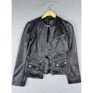 Arden B Black Leather Jacket Womens Size 2 Collarless Zip Moto Biker Coat